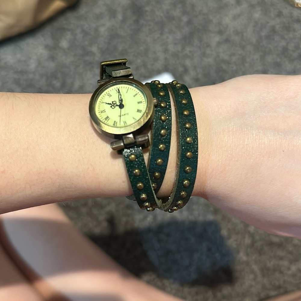 Women’s Green leather wrap watch with brass hardware and studs